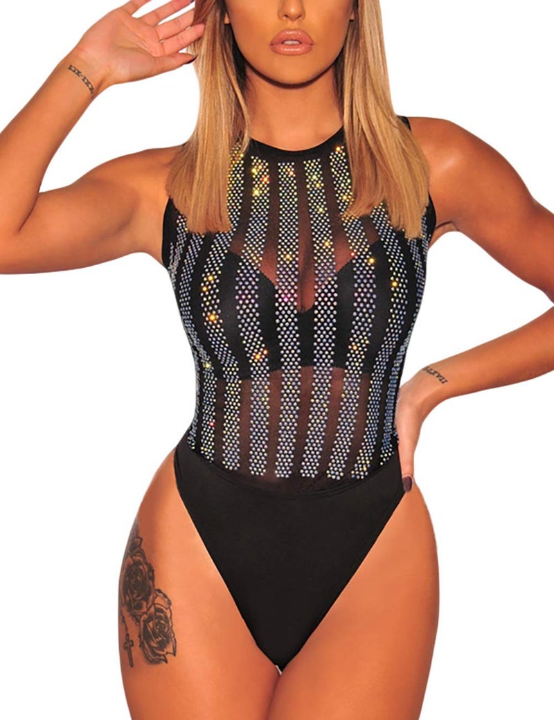 Lrady Eiffel Women's High Neck Sheer Mesh Sleeveless Black Bodysuit Tank Top - Image 1